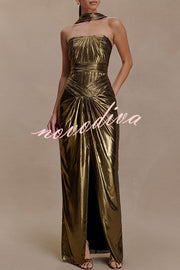 Clemence Plisse Metallic Fabric Reverse Halter Beck Strap Drape Slit Maxi Dress