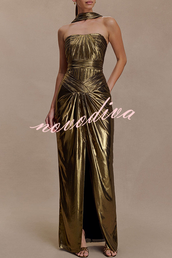Clemence Plisse Metallic Fabric Reverse Halter Beck Strap Drape Slit Maxi Dress