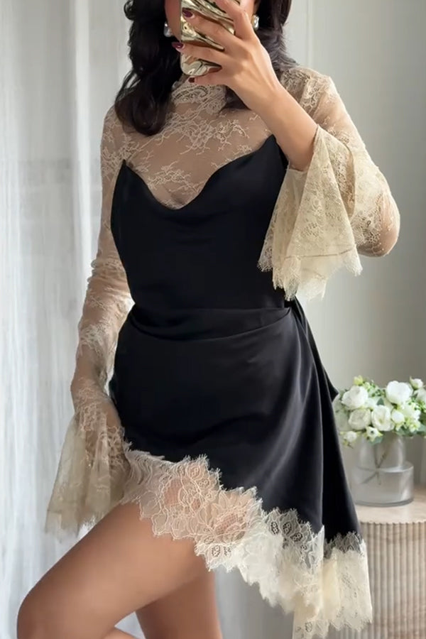 Gothic Romantic Lace Satin Patchwork High Neck Bell Sleeve Loose Mini Dress