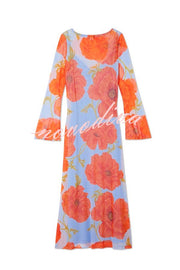 Perfect Cross-season Mesh Poppy Flower Print Long Sleeve Stretch Maxi Dress