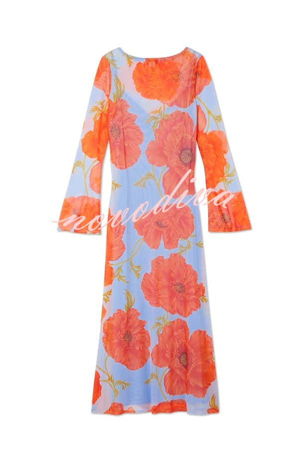 Perfect Cross-season Mesh Poppy Flower Print Long Sleeve Stretch Maxi Dress