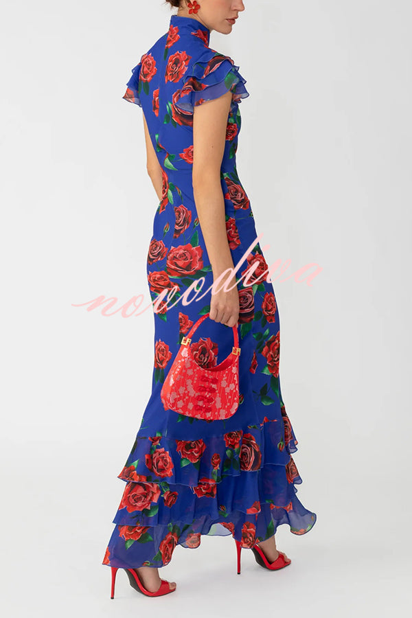 Cheongsam Style Rose Print Layered Trumpet Sleeves Stand Collar Maxi Dress