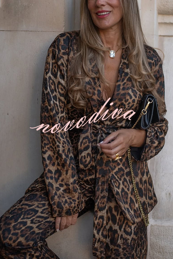 Chic View Leopard Print Tie-up Waist Lapel Blazer and Elastic Waist Loose Pants Set