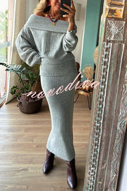 Luka Ribbed Knit Off Shoulder Long Sleeve Sweater and Stretch Maxi Skirt Set