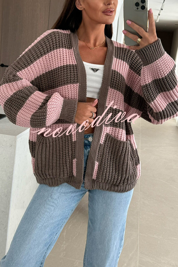 Fashionable Patchwork Striped Casual Pocket Knitted Sweater