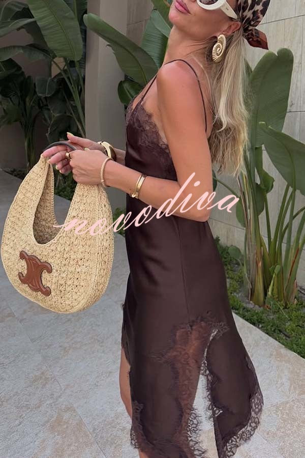 Elouise Satin Lace Trim V-neck Asymmetrical Hem Slip Mini Dress