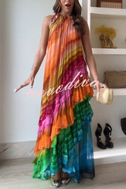 Rosha Georgette Crepe Tie-dye Print Layered Ruffles A-line Maxi Dress