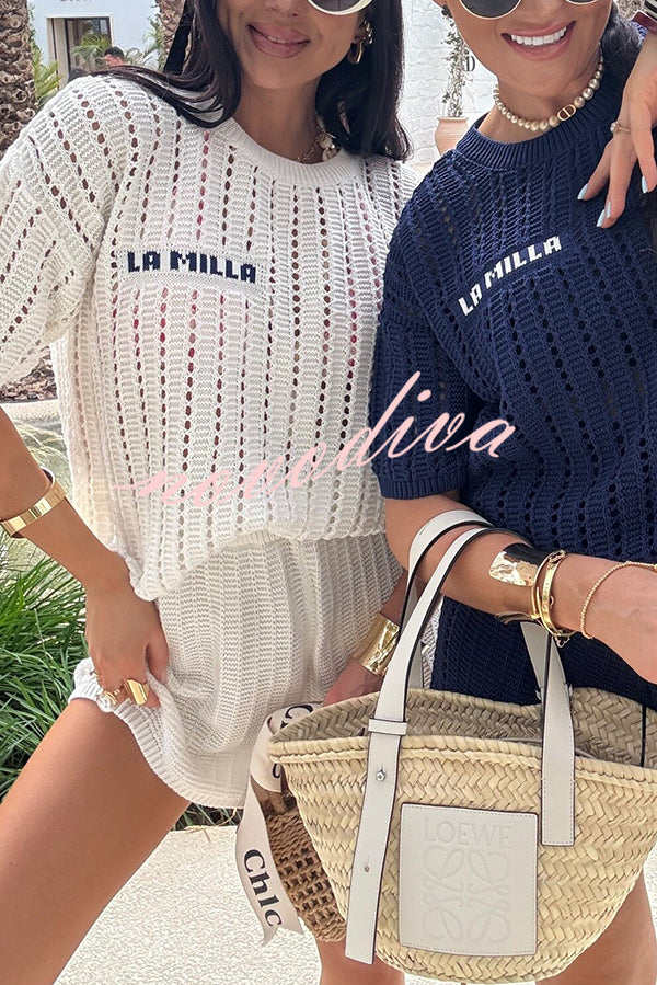 Fashionable Hollow Knit Short-sleeved Top and Elastic High-waist Casual Shorts Set