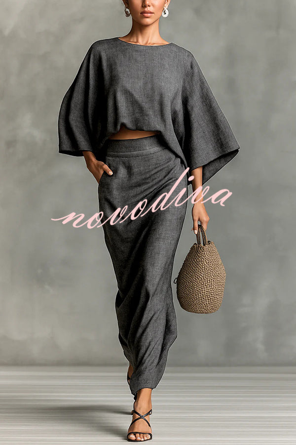 Linen Blend Batwing Sleeve Loose Top and Casual Pocket Maxi Skirt Set