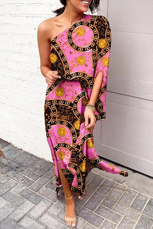 Rosie Printed One Shoulder Split Hem Maxi Dress