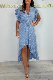 Resort Style V-neck Ruffle Sleeves Waist Tie Irregular Midi Dress