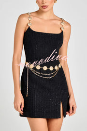 Timeless Exquisite Tweed Fabric Metal Coin Chain Detail Slip Mini Dress
