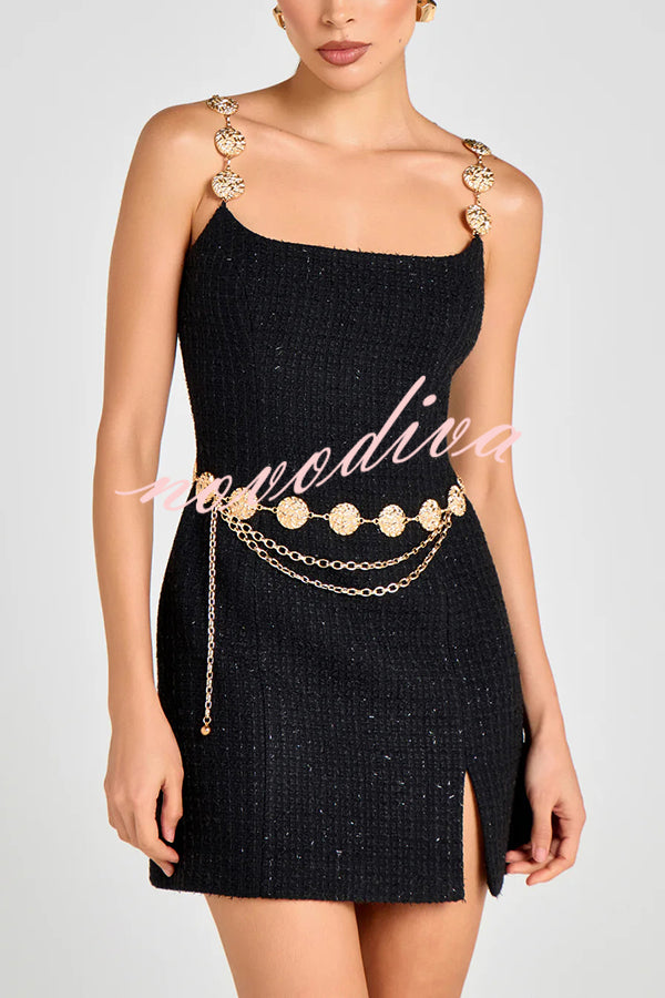 Timeless Exquisite Tweed Fabric Metal Coin Chain Detail Slip Mini Dress
