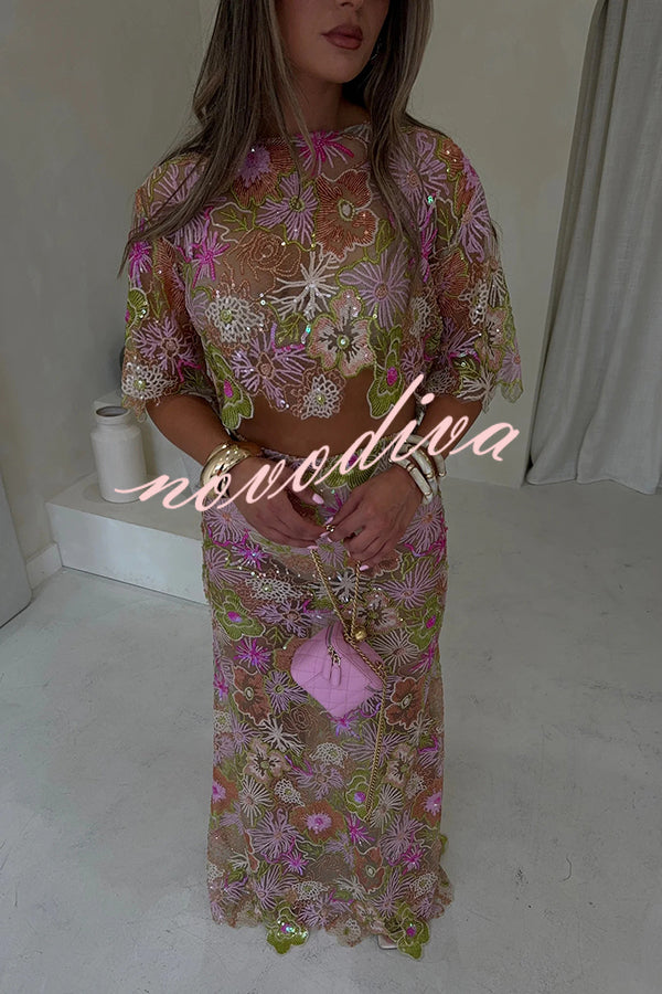Fashionable Embroidered Flower Sequined Crop Top and Elegant Sheer Maxi Skirt Set