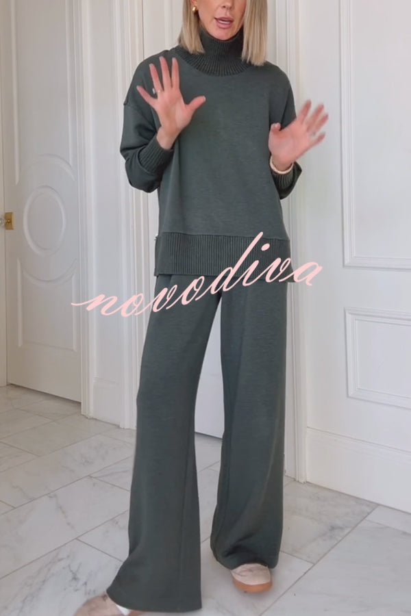 Barker High-Neck Long Sleeve Side Zipper Sweatshirt and Elastic Waist Pocketed Loose Pants Set