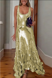 Party Tips Sequin Irregular Round Tassels Hem Back Cutout Tank Maxi Dress