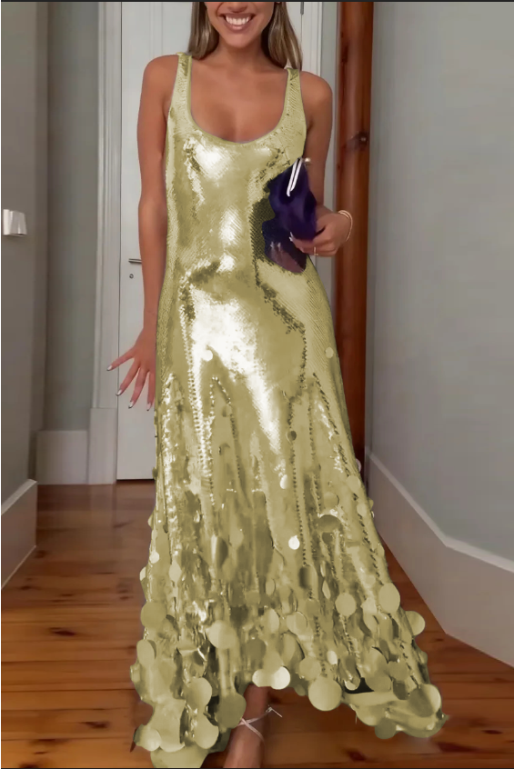 Party Tips Sequin Irregular Round Tassels Hem Back Cutout Tank Maxi Dress