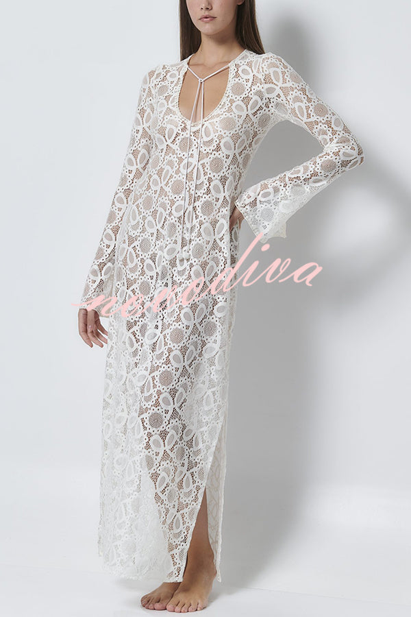 Santorini Sunset Floral Lace Long Sleeve Slit Vacation Maxi Dress