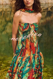 Vacay Vibes Colorful Lava Print Off Shoulder Smocked Scarf Maxi Dress