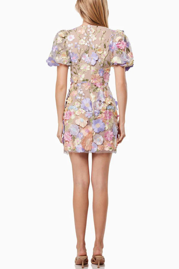 Garden Gala Embroidered Floral Applique Puff Sleeve Mini Dress