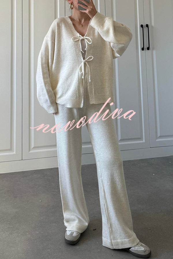 Solid Color V-neck Tie Long-sleeved Loose Knit Cardigan and Elastic Waist Casual Straight Leg Pants Set