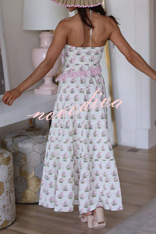 Tatum Printed Ruffle Trim Halter Top and Elastic Waist Flowy Maxi Skirt Set