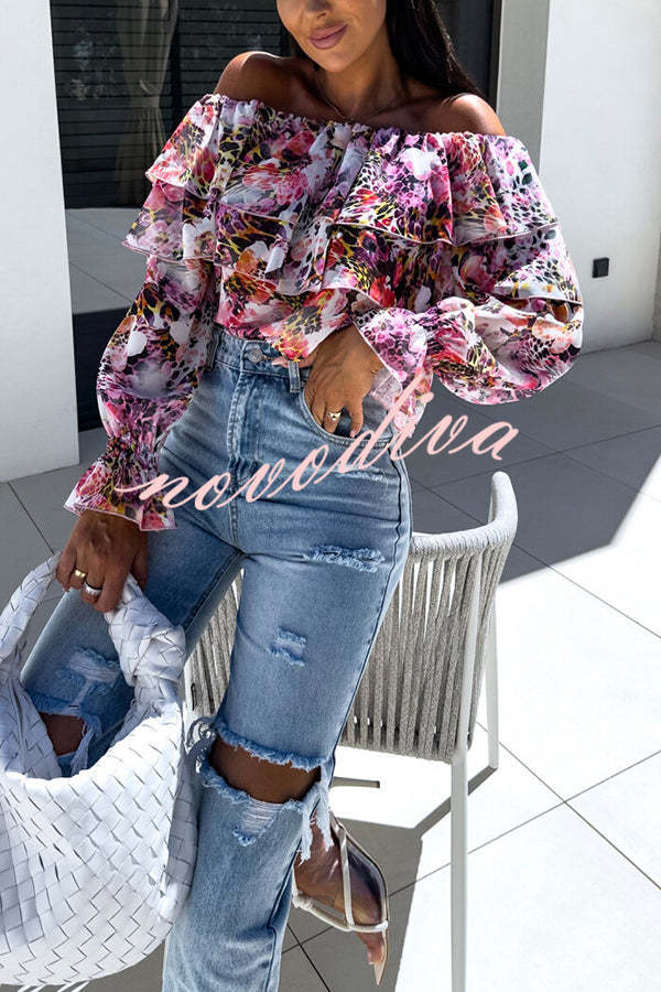 Colorful Botanical Print Sexy Off-shoulder Ruffle Top