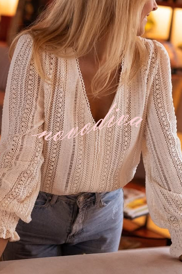 Elegant Openwork V-neck Long-sleeved Casual Shirt