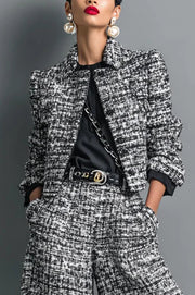 Stylish Long-sleeved Single-breasted Short Jacket and Casual Pocket Wide-leg Pants Sets