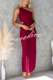Solid Color Elegant Mesh One Shoulder Sexy Waist Hollow Out Maxi Dress
