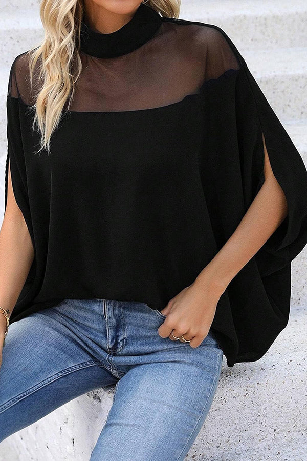 Fashionable Mesh-paneled Batwing Sleeve High-neck Loose Top