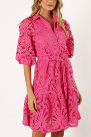 Solid Color Lace Cutout Balloon Sleeves and Waist Tie Mini Dress