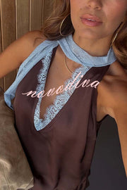 Sunday Social Contrast Color Satin Lace Trim Neck Strap Loose Tank