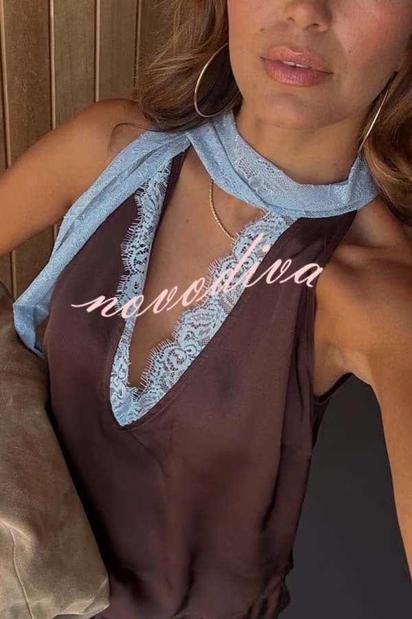 Sunday Social Contrast Color Satin Lace Trim Neck Strap Loose Tank