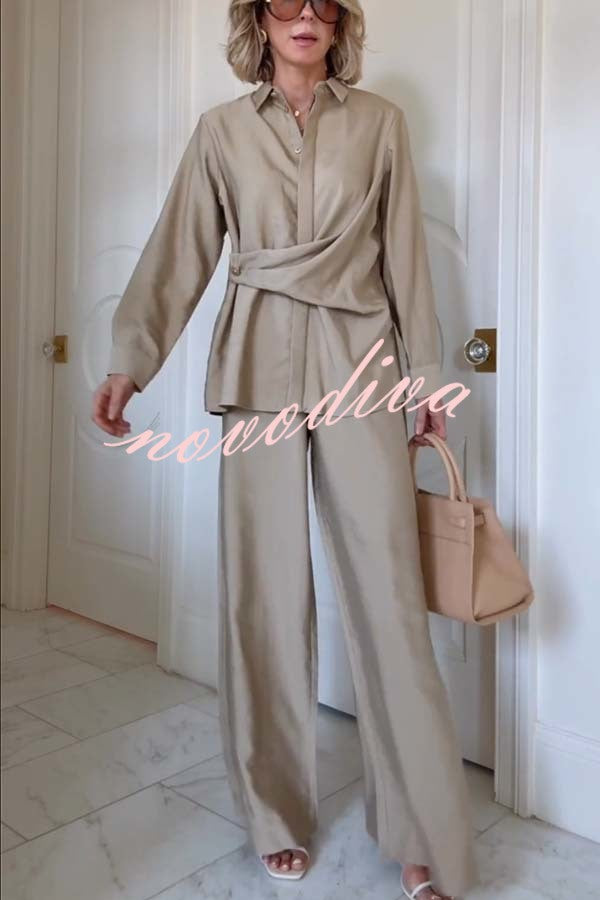 Juliette Cross-front Button Up Long Sleeve Shirt and Elastic Waist Pocket Loose Pants Set