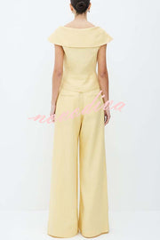Velena Linen Blend Button Up Lapel Top and High Rise Pocket Wide Leg Pants Set