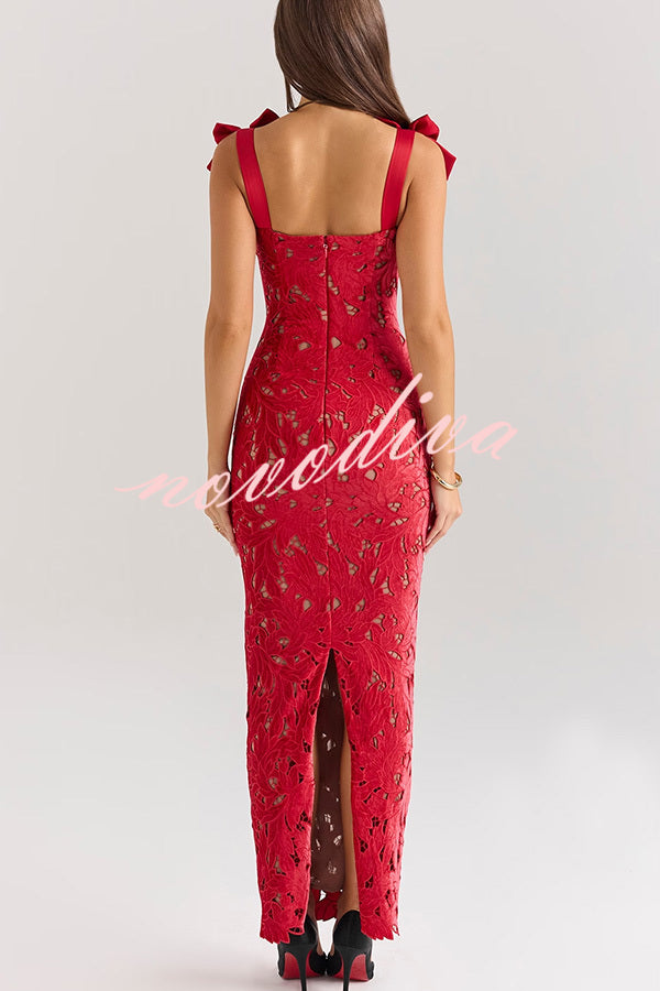 Holiday Intimacy Embroidered Floral Lace Bow Shoulder Straps Slit Maxi Dress