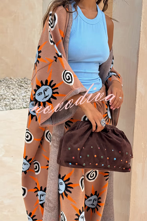 Mediterranean Art Knit Unique Sun Vortex Print Bell Sleeve Long Cardigan