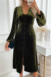Vintage Velvet Wavy Edge V-neck Long-sleeved Elegant Midi Dress