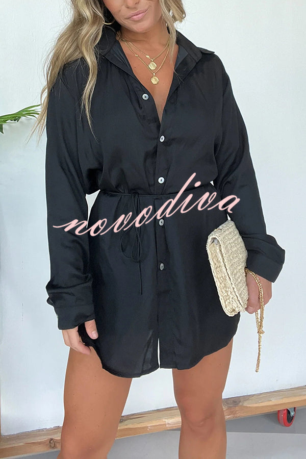 Solid Color Long Sleeve Button Casual Shirt-Style Rompers