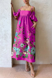 Sweetest Marigold Print Gathered Sleeve Pocketed A-line Midi Dress