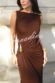 Fashionable Metallic Embellishments Pleated Sleeveless Slim-fit Maxi Dress