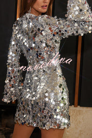 Fashionable and Dazzling Large Sequins Long Bell Sleeve H-line Mini Dress