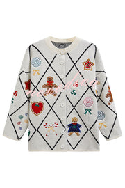 Argyle Candy Gingerbread Man Embroidered Button-knit Cardigan