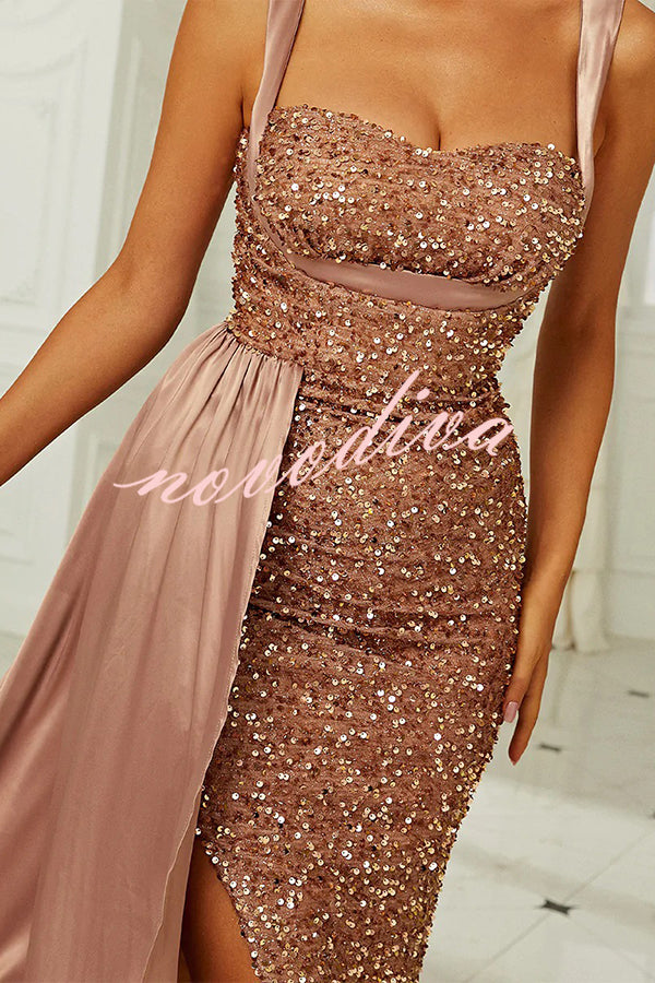 Banquet Sequined Backless Strappy Fishtail Maxi Dress