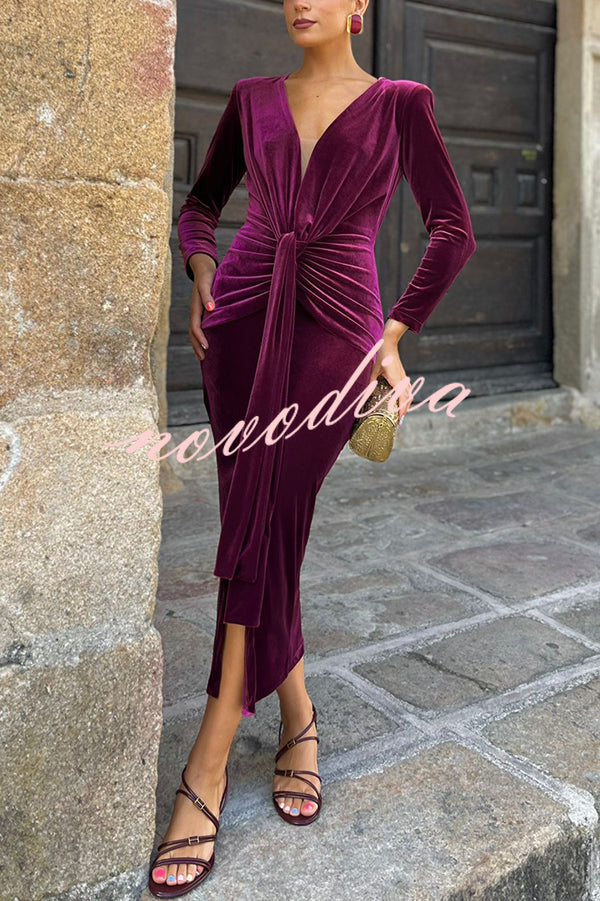 Elisabeth Luxurious Velvet Padded Shoulders Long Sleeve Twist Waist Drape Midi Dress