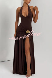 Solid Color Halter Neck Backless Slim Fit Pleated Slit Maxi Dress