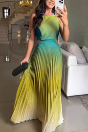 Fashionable Backless Tie Elegant Gradient Pleated Maxi Dress