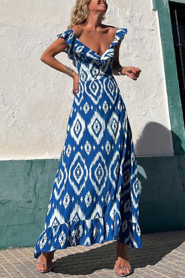 Coastal Canvas Ethnic Print Smocked Bust Ruffle Neck Maxi Dress