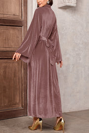 Solid Color Velvet Bell Sleeves Tie Waist Elegant Maxi Dress
